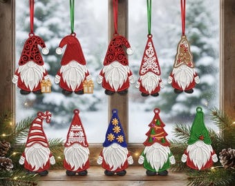 FSL Christmas Gnome Ornament Bundle, 10 Freestanding Lace Machine Embroidery Designs, In The Hoop Holiday Gnome Set, Digital Download