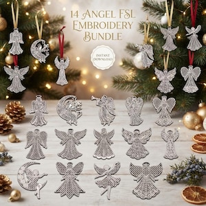 Op de afbeelding: Een digitale collectie van 14 witte kanten engel borduurontwerpen, met diverse engelfiguren en halve maan motieven. De tekst 14 ANGEL FSL EMBROIDERY BUNDLE en INSTANT DOWNLOAD staat in het midden van de afbeelding weergegeven.