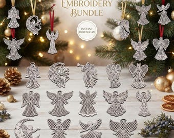 14 Angels FSL Embroidery Designs, Christmas Free Standing Lace Ornament, Machine Embroidery Pattern, Holiday Lace Angel Digitized Design