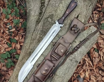 Handgemaakte machete van koolstofstaal met handvat van palissanderhout en leren schede, bushcraftmes met doorlopende tang, ideaal als kampeercadeau voor hem.