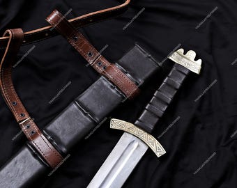 Handgemaakte replica van een Vikingzwaard uit de 10e eeuw – Noors krijgerszwaard uit de middeleeuwen met leren schede, Viking-verzamelobject, cadeau voor hem