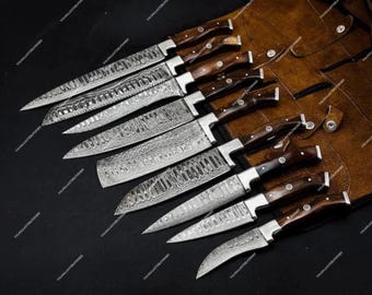 Handgemaakte 9-delige koksmesenset van damaststaal, keukenmessen met houten handvatten, professionele kookset, cadeau voor hem of haar.
