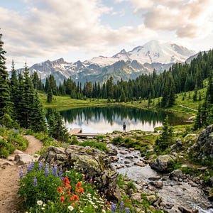 May include: A landscape view of a mountain lake reflecting a snow-capped peak, surrounded by dense evergreen forests and a foreground of wildflowers along a dirt trail, with a small wooden dock and a person standing near the water's edge.