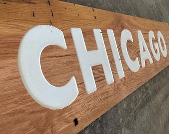Chicago Reclaimed Wood Sign – Carved Wall Decor, Handmade City Gift