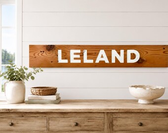 Leland Carved Reclaimed City Wood Sign, Michigan Lake House Decor, Rustic Farmhouse Gift