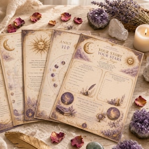 May include: Four rectangular paper sheets with celestial and floral illustrations in shades of purple and gold. The text includes "YOUR STORY YOUR STARS Your Magic" and "MOON WHISPER ASTROLOGY ACADEMY." The designs feature moons, suns, and stars.