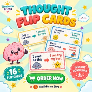 Pode incluir: Conjunto de cart&otilde;es Thought Flip Cards com 16 unidades contendo afirma&ccedil;&otilde;es positivas e mensagens de crescimento emocional. Cada cart&atilde;o exibe textos como I can try my best, acompanhados por ilustra&ccedil;&otilde;es coloridas de c&eacute;rebros, estrelas e nuvens.