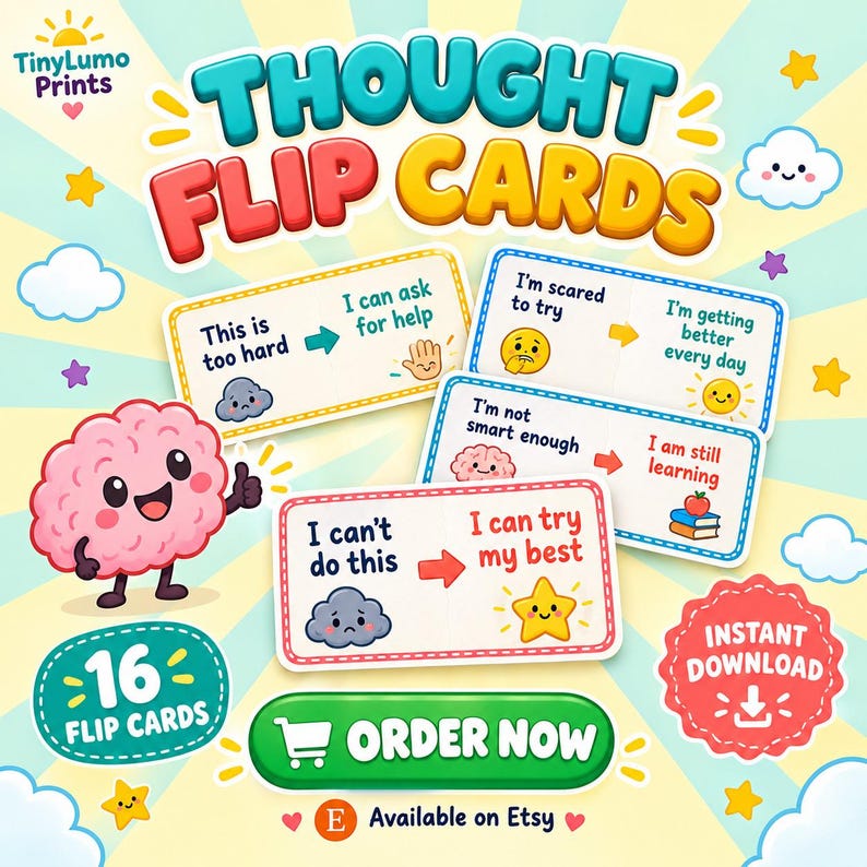 Pode incluir: Conjunto de cart&otilde;es Thought Flip Cards com 16 unidades contendo afirma&ccedil;&otilde;es positivas e mensagens de crescimento emocional. Cada cart&atilde;o exibe textos como I can try my best, acompanhados por ilustra&ccedil;&otilde;es coloridas de c&eacute;rebros, estrelas e nuvens.