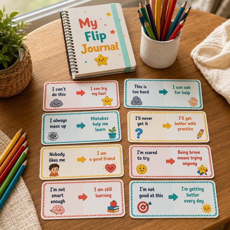Pode incluir: Um di&aacute;rio de espiral intitulado My Flip Journal com um &iacute;cone de estrela, acompanhado por oito cart&otilde;es retangulares com afirma&ccedil;&otilde;es positivas e ilustra&ccedil;&otilde;es coloridas, ao lado de um copo cheio de l&aacute;pis de cor.