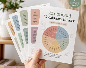Pode incluir: Um conjunto de páginas imprimíveis intitulado Emotional Vocabulary Builder apresentando uma roda de sentimentos com várias seções codificadas por cores e listas de emoções. O texto inclui Explore, Express, Connect e A Feelings Wheel and Vocabulary Cards for Self-Awareness and Meaningful Conversations.