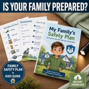 Könnte beinhalten: Ein Familiensicherheitsplan-Set mit einem Leitfaden namens My Family's Safety Plan, der ein Kind im grünen Kapuzenpullover zeigt, sowie gedruckte Checklisten für Notfallkontakte und Sicherheitsausrüstung mit Symbolen für Taschenlampen.