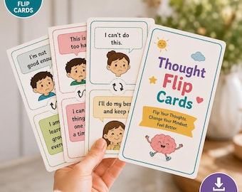 Pode incluir: Um conjunto de 16 cartões Thought Flip Cards com ilustrações de crianças e balões de fala com afirmações positivas. Os cartões exibem texto como I can't do this, I'll do my best e Thought Flip Cards. Flip Your Thoughts. Change Your Mindset. Feel Better.
