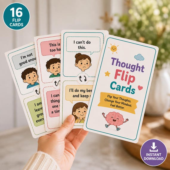 Thought Flip Cards for Kids | Printable CBT Positive Thinking Tool | Growth Mindset Cards