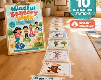 以下が含まれることがあります： クリップボードには、子供のイラストと説明が描かれた「Mindful Sensory Walk」の看板が表示されています。床には10枚のインタラクティブなステーションカードが順番にテープで貼られており、それぞれに「Balloon Breath」、「Bear Stomp」、「Cat Tip-Toe」などの番号付きアクティビティが記載されています。