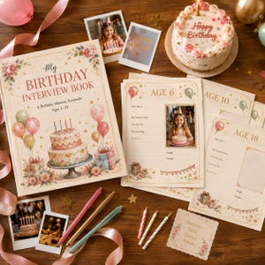 Op de afbeelding: Een verjaardagsherinneringsboek getiteld My Birthday Interview Book met een taartillustratie, samen met interviewpagina's voor de leeftijden 6, 10 en 18, een taart met glazuur en een kaarsje, drie losse kaarsjes en diverse kleine foto's.