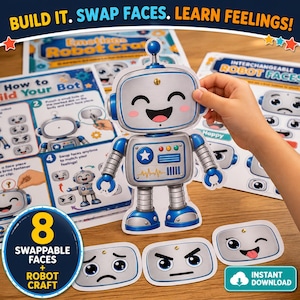 Pode incluir: Um kit de artesanato de robô em papel com uma figura central de robô com rosto feliz, detalhes metálicos azuis e prateados e sete peças faciais intercambiáveis que mostram várias emoções. Inclui folhas de instruções com texto.