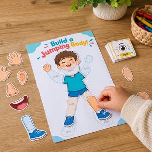 Könnte beinhalten: Ein Build a Jumping Body Aktivitätsblatt mit der Umrisszeichnung einer Zeichentrickfigur und gestrichelten Linien für Körperteile. Enthält separate Ausschneidebögen für Hände, Ohren, Nase, Mund und Beine sowie einen Stapel Augen-Karten.