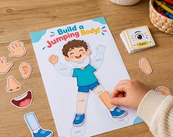 以下が含まれることがあります： Build a Jumping Bodyアクティビティシート。ティールカラーのシャツと青いショートパンツを着た漫画のキャラクターが描かれています。手、耳、鼻、口、脚などの取り外し可能な紙製の身体パーツと、Eyesと書かれたカードの束が含まれています。