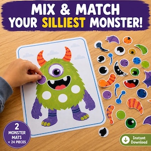 Può includere: Un set di attività per creare mostri con un tappetino verde raffigurante un mostro con braccia viola e corna arancioni, accompagnato da 24 adesivi con caratteristiche assortite e il testo MIX & MATCH YOUR SILLIEST MONSTER! in alto.