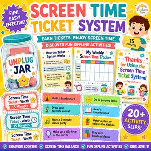 May include: A Screen Time Ticket System kit featuring a glass jar labelled Unplug Jar, a weekly tracker chart, instruction cards, and activity slips. The colourful set includes tickets worth 15 minutes and various offline activity prompts.