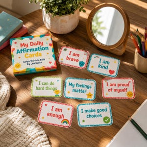 以下が含まれることがあります： カラフルな箱に入った「My Daily Affirmation Cards」のセット。箱には「Simple Words to Build Big Confidence」の文字が書かれています。7枚のカードには「I am brave」「I am kind」「I can do hard things」「My feelings matter」「I am proud of myself」「I am enough」「I make good choices」というフレーズが小さなアイコンと共に記されています。