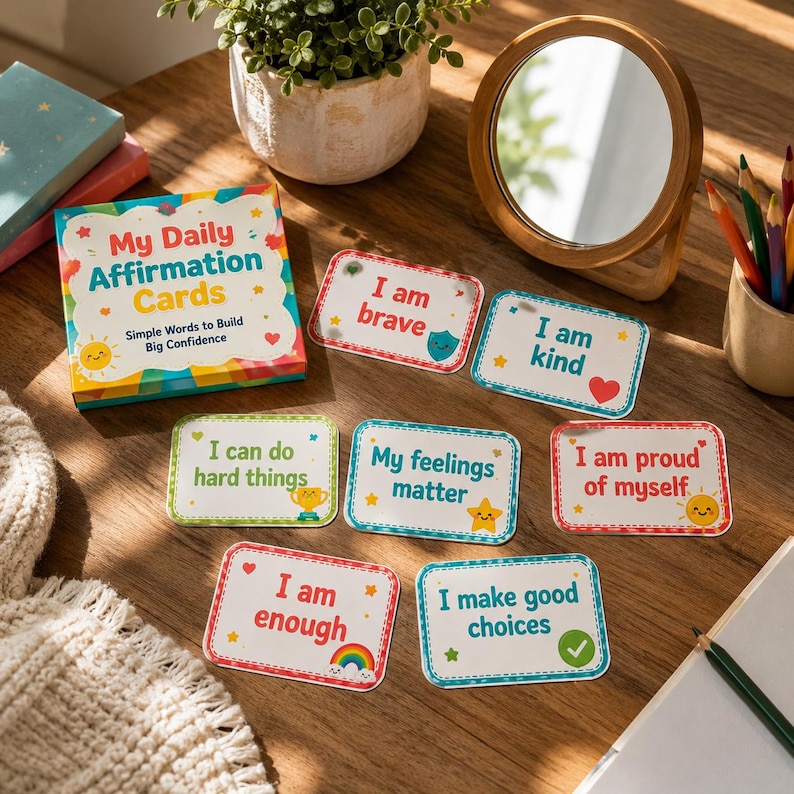 以下が含まれることがあります： カラフルな箱に入った「My Daily Affirmation Cards」のセット。箱には「Simple Words to Build Big Confidence」の文字が書かれています。7枚のカードには「I am brave」「I am kind」「I can do hard things」「My feelings matter」「I am proud of myself」「I am enough」「I make good choices」というフレーズが小さなアイコンと共に記されています。