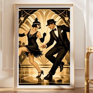 May include: A framed art print depicting a couple dancing in 1920s attire. The figure on the left wears a black fringed dress, pearls, and a headband. The figure on the right wears a black tuxedo and fedora. The background features gold arches.