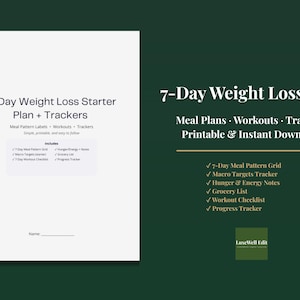 Puede incluir: Un documento blanco titulado 7-Day Weight Loss Starter Plan + Trackers con una lista de elementos incluidos como una cuadrícula de comidas, objetivos macro y lista de ejercicios. A la derecha aparece el texto 7-Day Weight Loss Plan y LuxeWell Edit.