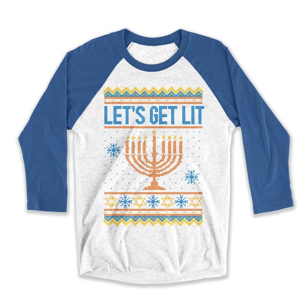 Lets Get Lit, Menorah T-Shirt, Funny Hanukkah Gifts, Unisex, Raglan Tee, Jewish T-Shirts