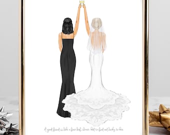 Personalisierte Braut und Trauzeugin Kunstdruck | MoH Braut Brautjungfer Benutzerdefinierte Hochzeitskunst, Ehe-Porträtgeschenk, beste Freunde Zeichnung