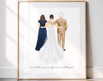 Personalized Bride and Parents Portrait Art PRINT | Mother & Father of the Bride Custom Wedding Art, Marriage Gift, Mom Dad and Daughter