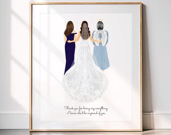 May include: Framed art print featuring three figures in dresses. A bride in a white gown stands between a woman in a navy blue dress and another in a light blue dress with angel wings. The text reads, "Thank you for being my everything. I know she'd be so proud of you."