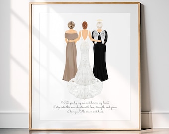 Personalized Bride Mom Grandmother Portrait Art PRINT | Mother, Grandma, 3 Generations Custom Print, Marriage Gift, Mom Daughter Drawing