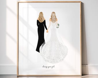 May include: Framed art print featuring two figures holding hands, viewed from the back. One figure wears a black gown, the other a white wedding dress with a long train. The text "always your girl" is at the bottom.