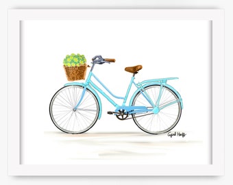 Summer Green Bicycle Print Watercolor Drawing Wall Art Etsy