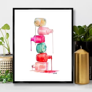 Nail Polish Art Print | Nailpolish Wall Art, Makeup Watercolor Painting, Fashion Illustration, Nail polish Drawing, BFF Gift, Vanity, Women