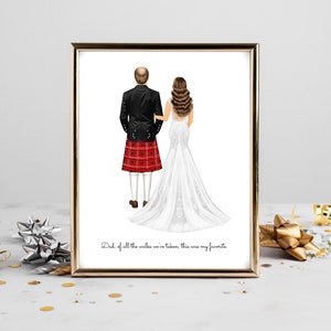 Gepersonaliseerde Schotse bruiloft portretkunst PRINT | Vader van de bruid aangepaste trouwkunst, kilt, huwelijkscadeau bruid naar vader, dochter