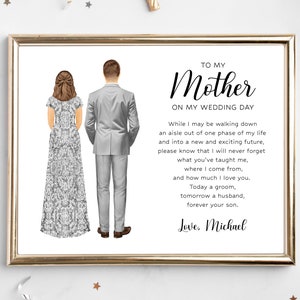 Personalized Groom and Mom Portrait Art PRINT | Mother of the Groom Custom Wedding Art, Marriage Gift, Mom and Son Drawing, Quote Art