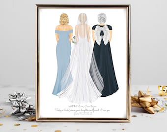 Personalized Bride Mom Grandmother Portrait Art DIGITAL | Mother, Grandma, 3 Generations Custom Print, Marriage Gift, Mom Daughter Drawing