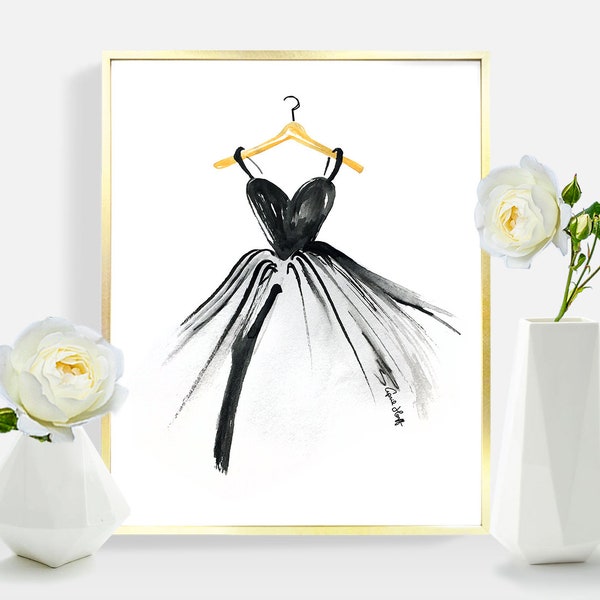 Petite robe noire aquarelle PRINT | Illustration de mode, Art de princesse, Ballerine de créateur, Robe de bal pour fille, Concours, Numérique, Décoration intérieure