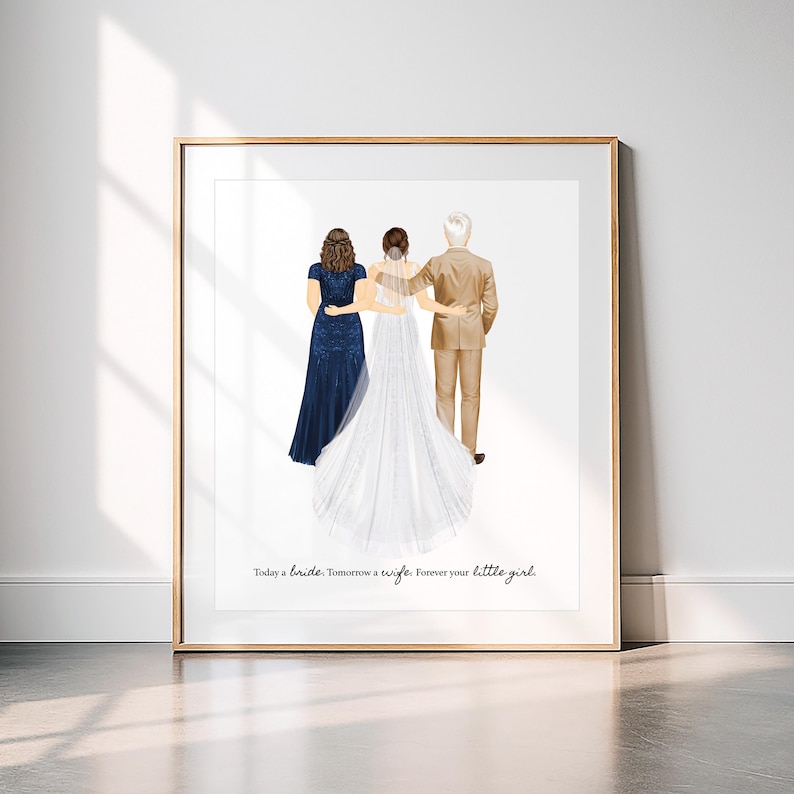 Op de afbeelding: Ingelijste kunstdruk met een bruid, haar moeder en vader. De bruid draagt een witte trouwjurk met een lange sluier. De moeder draagt een marineblauwe jurk en de vader een beige pak. De tekst luidt: "Today a bride, Tomorrow a wife, Forever your little girl."