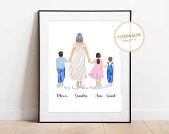 Personalized Grandmother Family Portrait Art | Grandkids Art, In Memory Nursery Gift, Grandma and Children Drawing, Custom Family Portrait