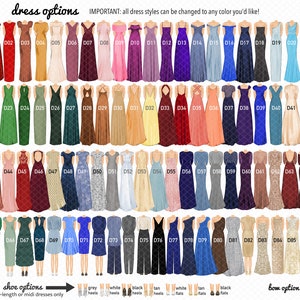 Op de afbeelding: Een verzameling van 86 verschillende jurkstijlen in diverse kleuren, vari&euml;rend van lange jurken tot knielange jurken. De afbeelding bevat opties voor schoenen en strikken, met tekst die kleur aanpassing aangeeft.