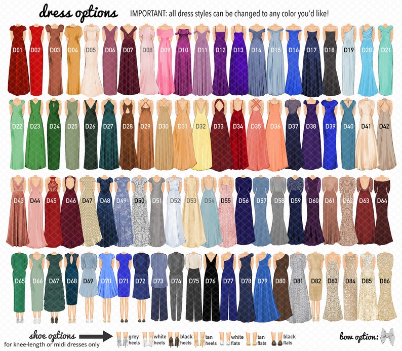 Op de afbeelding: Een verzameling van 86 verschillende jurkstijlen in diverse kleuren, vari&euml;rend van lange jurken tot knielange jurken. De afbeelding bevat opties voor schoenen en strikken, met tekst die kleur aanpassing aangeeft.