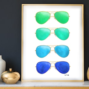 Aviator Sunglasses PRINT | Fashion Illustration, Wall Art, Summer Watercolor, Art Drawing, Home Decor, Physical Photo, Couture Pilot Style