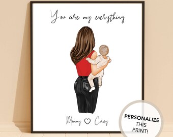 Personalized Mom Baby Portrait Art | Mother, Newborn, Toddler Art, Nursery Gift, Mom and Daughter, Son, Baby Shower Present, Mothers Day Art