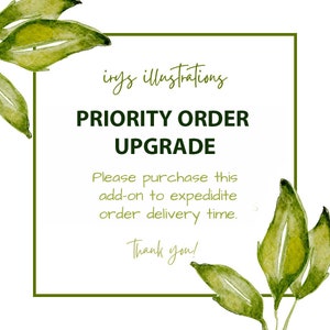 May include: A green watercolor illustration of leaves with a white square frame. The text inside the frame reads "ings illustrations", "PRIORITY ORDER", "UPGRADE", "Please purchase this add-on to expedite order delivery time.", and "Thank you!"