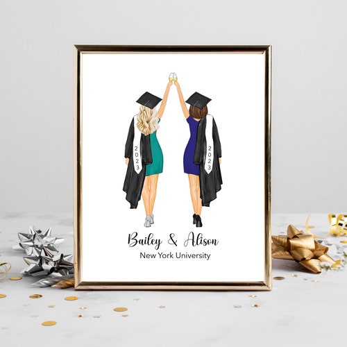 Meilleures amies personnalisées pour l'obtention du diplôme universitaire | Cadeau pour diplômé 2026, Diplômé d'université, Lycée, Illustration, Art BFF