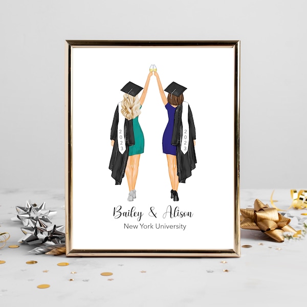 Custom College Graduation Best Friends Personalized Print | 2023 Graduate Gift, University Grad, High School, Illustration, BFF Grad Art