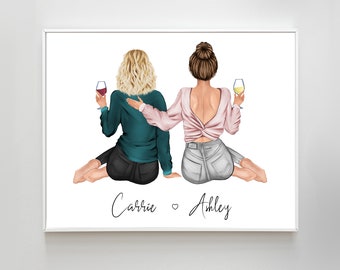 May include: Illustration of two women sitting back to back, holding wine glasses. The woman on the left is wearing a teal sweater and black trousers. The woman on the right is wearing a pink sweater and light grey shorts. The text "Carrie ♥ Ashley" is written below the women.